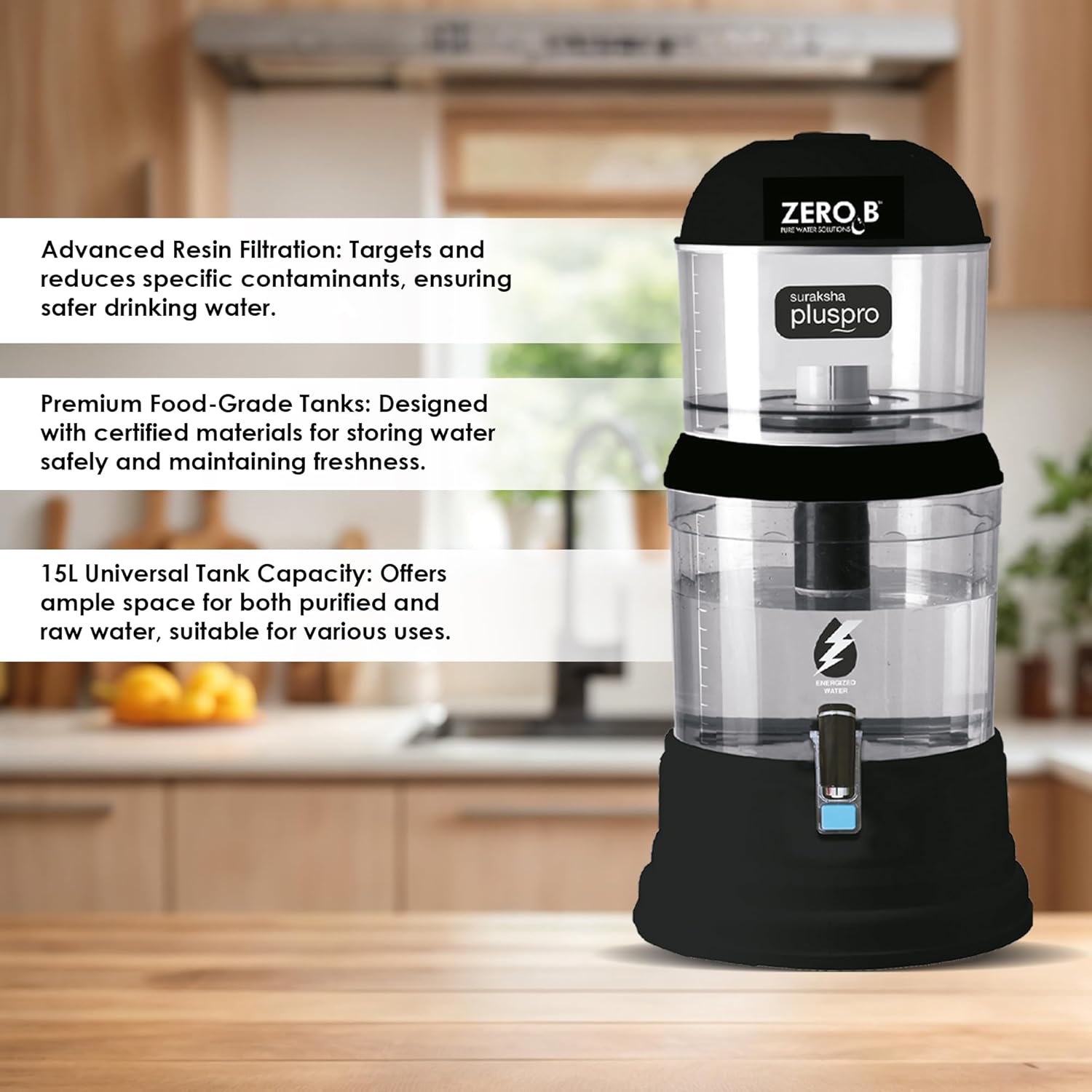 Zero B Suraksha Plus Pro 15L Gravity Water Filter | 4-Stage Resin + Carbon Purifier 